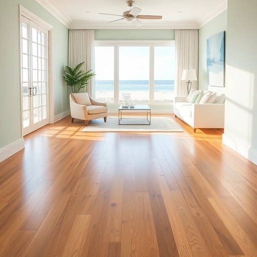 Stunning hardwood flooring installation in Captiva FL with coastal decor, large windows, and inviting atmosphere.