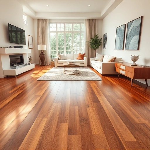 Stunning hardwood flooring installation in a modern Olga FL living room with warm tones and soft ambient lighting.
