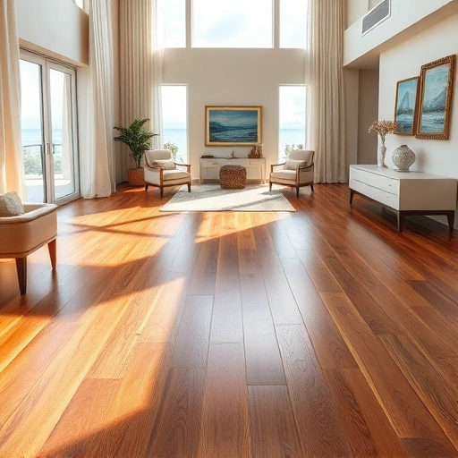 Gleaming hardwood floor in a luxurious Naples home, showcasing rich wood grain and elegant coastal decor.