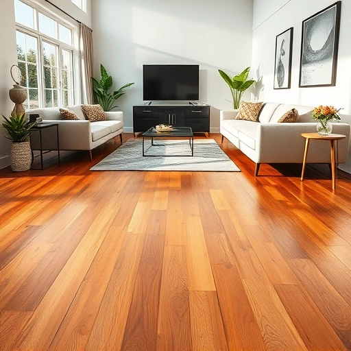 Completed wood flooring installation in Iona, FL, showcasing rich wood tones in a stylish living room setting.