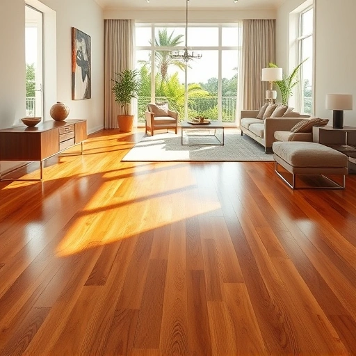 Solid wood flooring installation in Naples, FL with rich wood tones, polished finish, and contemporary decor.