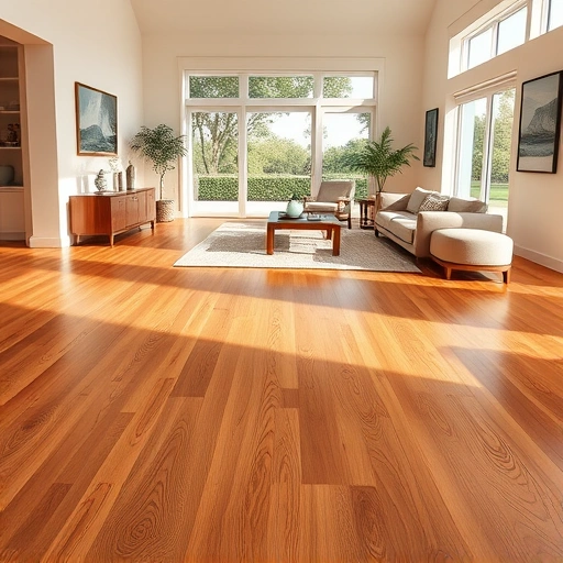 Spacious living room in Pelican Bay FL featuring warm wood flooring, large windows, and minimalist decor.