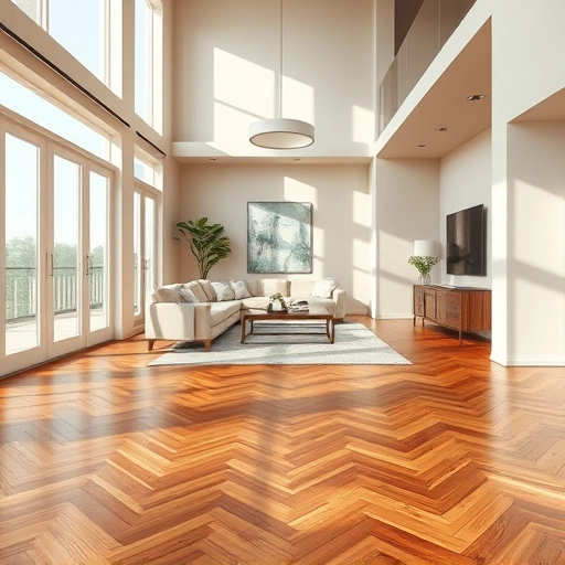 Wood flooring installation in Miromar Lakes FL showcasing herringbone pattern in a modern, sunlit living room.