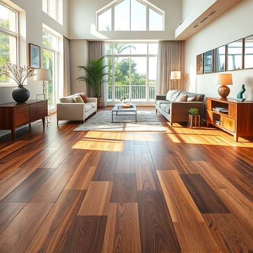 Waterproof laminate flooring installation in a chic Naples living room with natural wood appearance and tropical views.