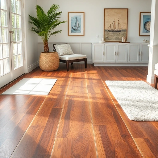 Hardwood floor transition strip installation in a coastal-themed room with polished wood and tile floors in Naples FL.