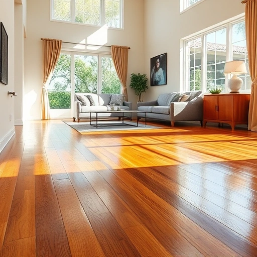 Polished hardwood floor in a modern Estero living room with warm tones and minimalist decor, showcasing craftsmanship.