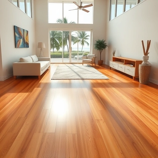 Spacious living area with polished honey-toned hardwood flooring and tropical views from large windows in Naples.