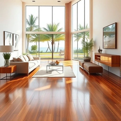 Modern living room in Naples FL with polished hardwood floors, elegant furniture, and tropical landscape view.