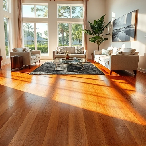Polished hardwood floor installation in Lely Resort FL with contemporary decor and natural light enhancing luxury.