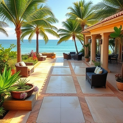Luxurious outdoor patio in Naples featuring large-format beige tiles and natural stone accents amid tropical landscaping.