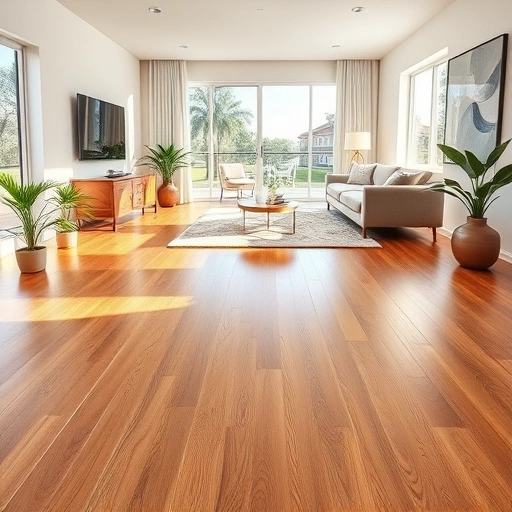 Wood flooring installation in San Carlos Park FL with rich oak tones, glossy finish, and modern living room decor.