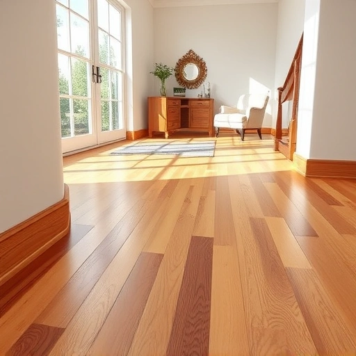 Hardwood floor baseboard installation in Naples FL with polished wood grain and elegant neutral walls.