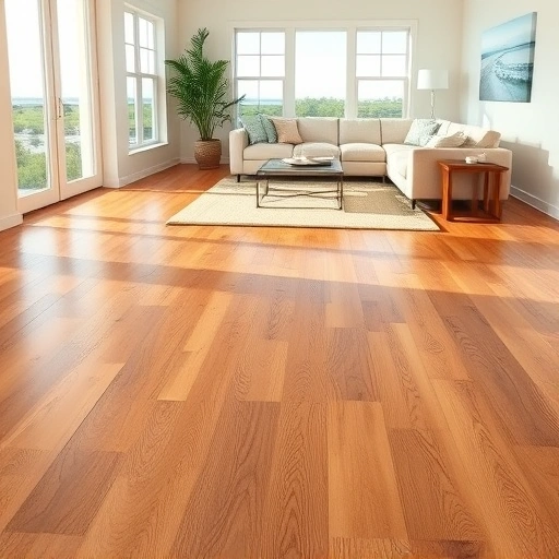 Spacious sunlit living room in Marco Island with polished hardwood flooring and elegant neutral furnishings.