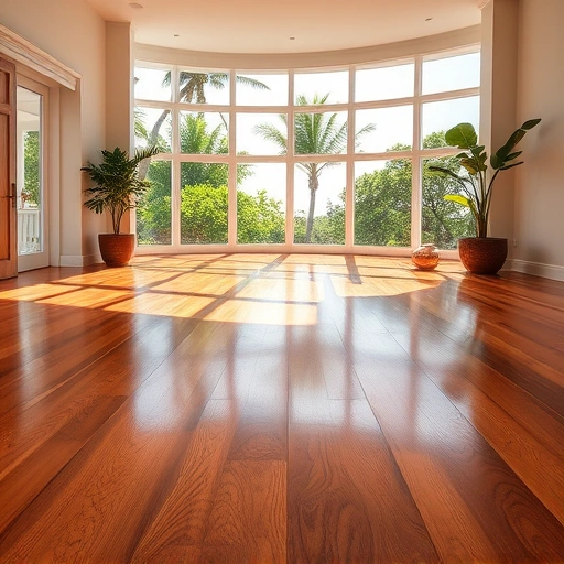 Spacious room with polished hardwood flooring, large windows, and tropical greenery in Naples, FL.