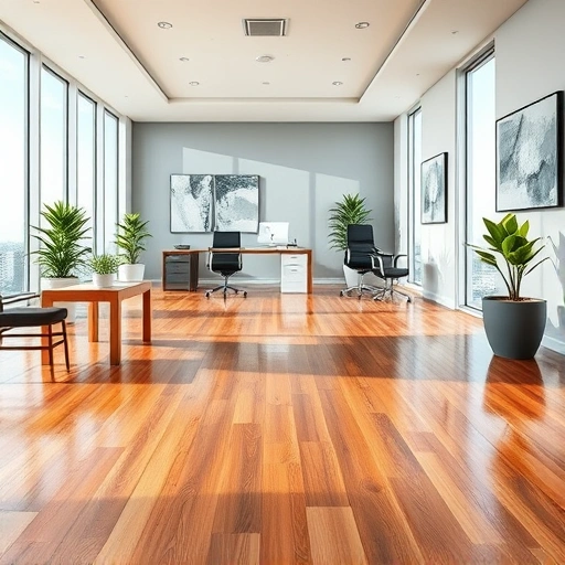 Polished hardwood flooring in a modern Sarasota office with sleek furniture and stylish plants under natural light.