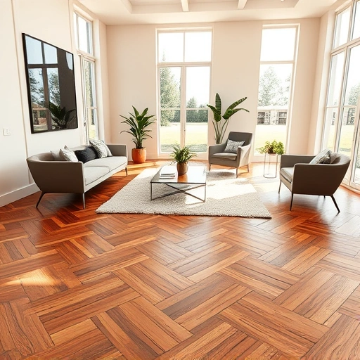 Stunning hardwood floor in herringbone pattern with modern decor and natural light in an elegant Orlando room.