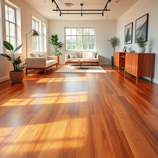 Stylish modern interior with polished wood flooring, warm tones, minimalistic decor, and soft lighting accents.