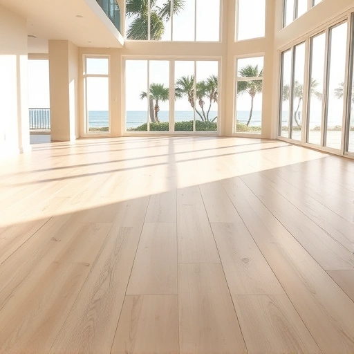 Spacious sunlit room in Naples with light hardwood flooring and coastal views through large windows.