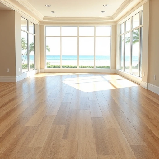 Spacious room with polished hardwood flooring and beach views in Naples, enhancing indoor elegance and tranquility.