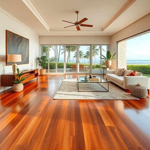 Completed hardwood flooring installation in an open-concept living space in Marco Island with modern decor and natural light.