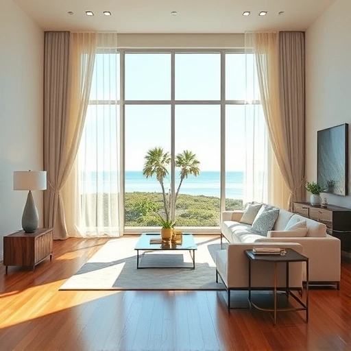 Elegant living room in Naples with luxurious drapes framing coastal views and minimalist decor elements.