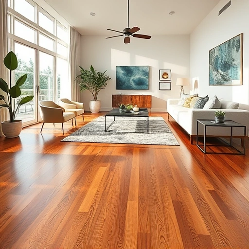 Hardwood floor repair in a modern Naples living room, showcasing warm tones and elegant furnishings.