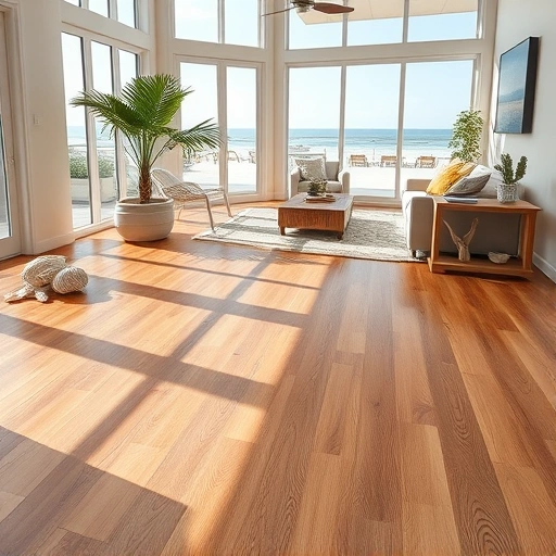Wood flooring installation in a stylish beachside home featuring polished oak, natural light, and coastal decor in Fort Myers Beach.