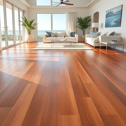 Hardwood floor sanding in Naples FL featuring polished wood, natural light, and elegant coastal decor.