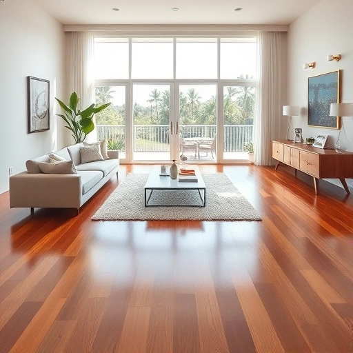 Spacious room in Pelican Bay with polished hardwood floors, minimalist decor, and tropical views through large windows.