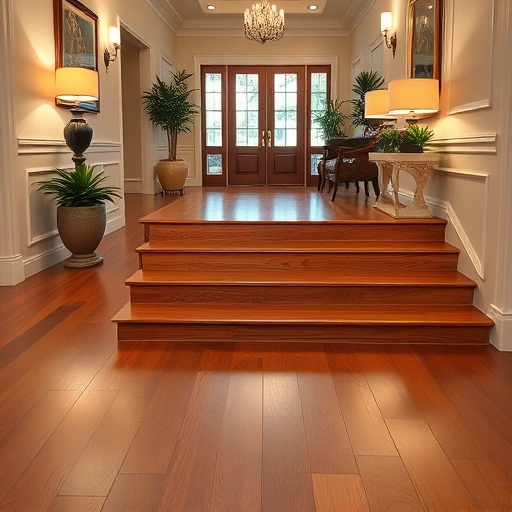 Hardwood floor stair nosing installation in a stylish Naples foyer with elegant decor and warm lighting.