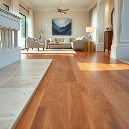 Hardwood floor threshold installation in Naples FL shows seamless transition to tile and elegant decor in background.
