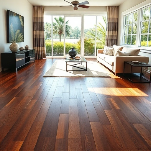 Luxurious living room in Naples with dark oak herringbone flooring, modern furniture, and bright natural light.