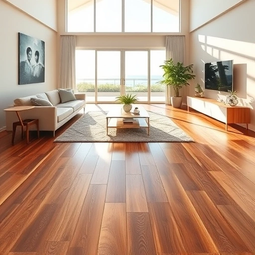 Waterproof laminate flooring in a sunlit Naples living room with minimalistic furniture and potted plants.