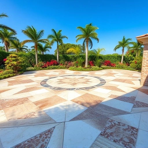 Elegant marble and stone patio in Naples FL, surrounded by tropical landscaping and a clear blue sky.