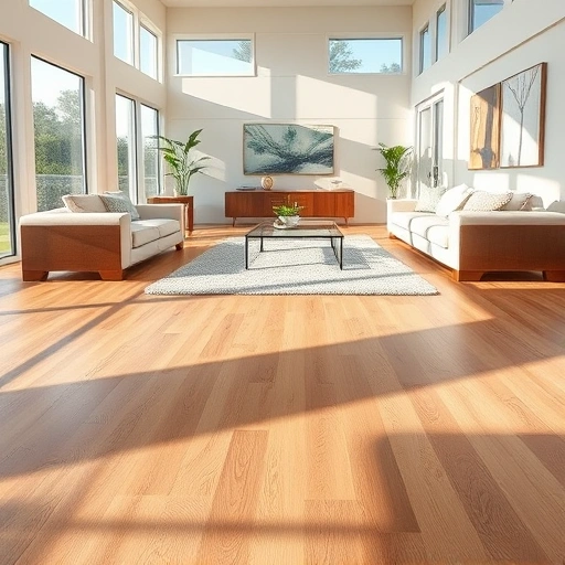 Wood flooring installation in a modern living room with warm oak tones, stylish furniture, and elegant decor.