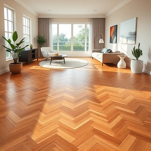 Wood flooring installation in Sarasota with polished oak in herringbone pattern, bright natural light, and elegant decor.