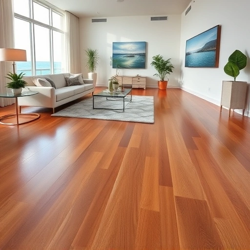 Spacious living area in Bokeelia, FL with polished hardwood floors, minimalist decor, and coastal-inspired art.