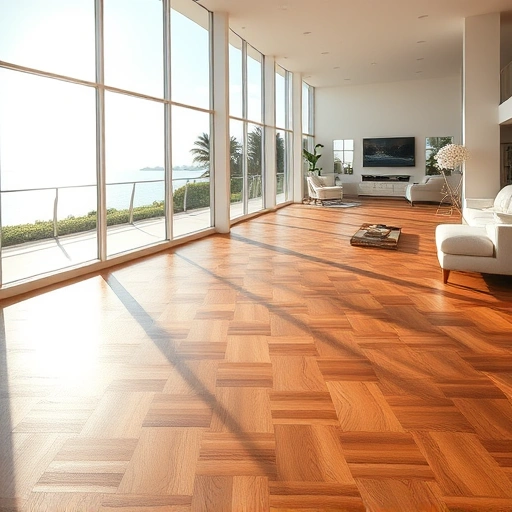 Spacious room with warm wood herringbone flooring, panoramic windows, and coastal decor in Naples, FL.