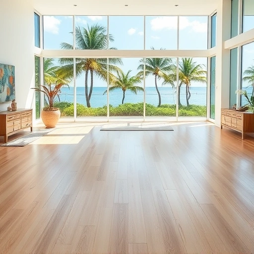 Spacious room with polished light hardwood flooring and large windows showcasing tropical views in Naples FL.