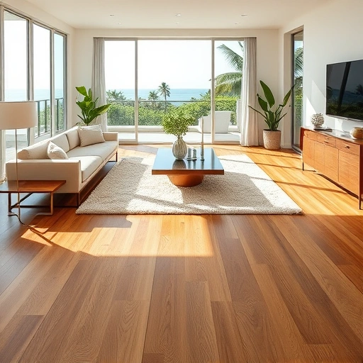 Wood flooring installation in a modern coastal home showcasing rich oak tones and natural light with elegant decor.