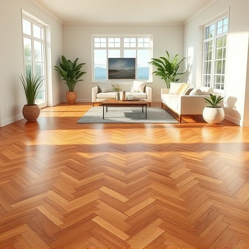 Luxurious hardwood flooring in herringbone pattern enhances a spacious, modern room with natural light and minimal decor.