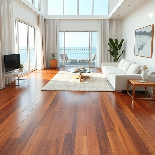 Spacious living room in Pelican Bay FL with rich wood flooring, modern decor, and coastal view through large windows.