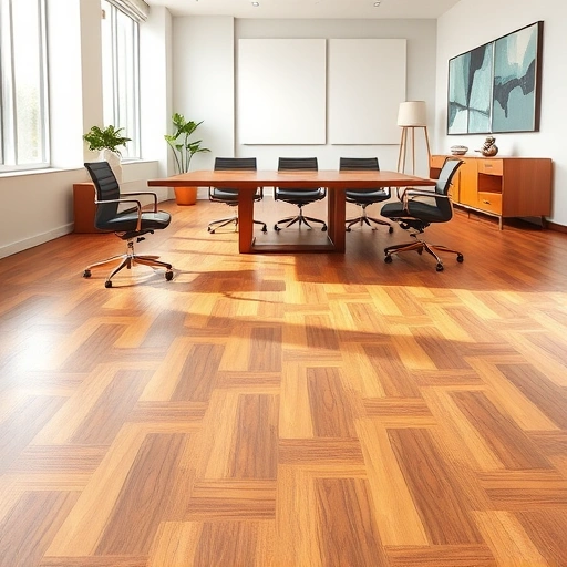 Modern office in Vineyards, FL features rich wood flooring, sleek furniture, and tasteful decor in natural light.