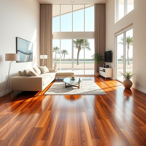 Completed flooring installation in Cape Coral FL featuring polished hardwood floors, elegant furniture, and serene outdoor views.