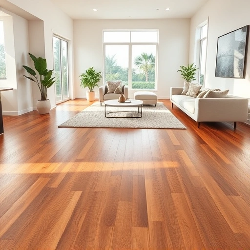 Modern living room in Fort Myers with herringbone hardwood floors, natural light, and stylish furnishings.