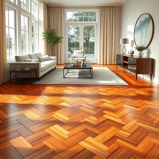Wood flooring installation in Tice FL with warm-toned hardwood, herringbone pattern, elegant furnishings, and natural light.