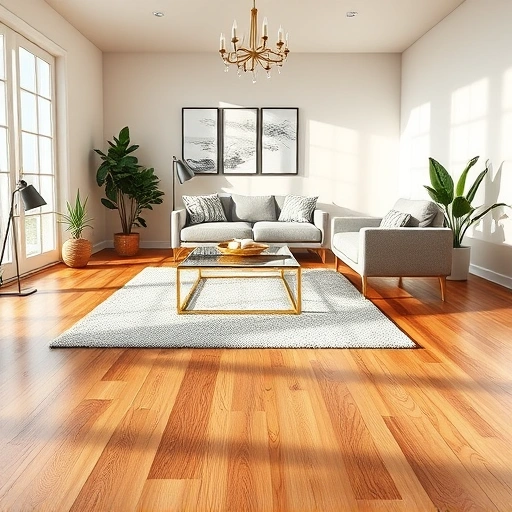 Modern living room in Olga, FL with warm oak wood flooring, minimalist furniture, and elegant plants.