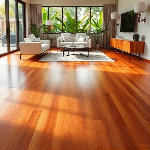 A refined hardwood floor in a modern Naples room, showcasing warm wood tones and elegant decor.