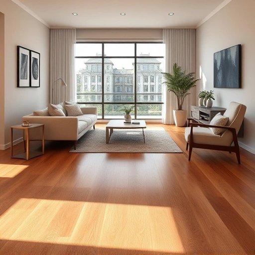 Wood flooring installation in a modern living room with oak planks, mid-century furniture, and natural light.