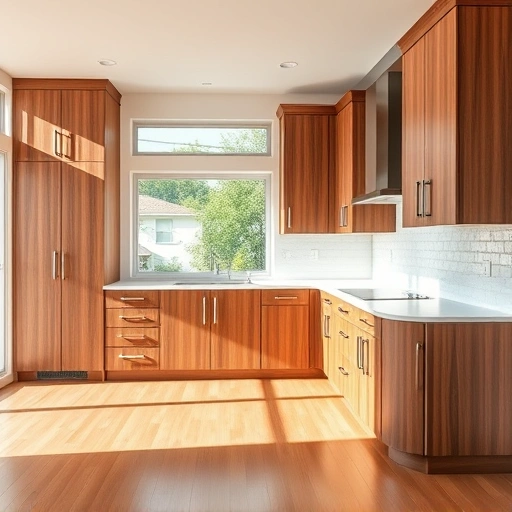 Modern kitchen in Naples with walnut cabinets, quartz countertops, and sunlit ambiance showcasing craftsmanship.
